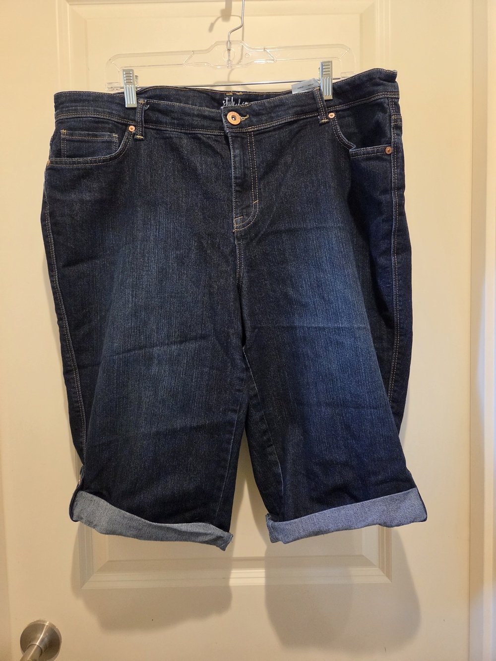 Style & Co Womans Dark Indigo Bermuda Denim Shorts with Rolled Hem